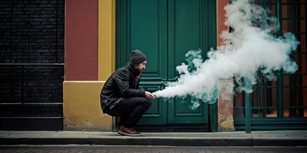 Une image représentant un groupe de jeunes adultes en train de vapoter des e-liquides, accompagnée d'un message d'alerte sur les dangers du THCP. Une image représentant un groupe de jeunes adultes en train de vapoter des e-liquides, accompagnée d'un message d'alerte sur les dangers du THCP.